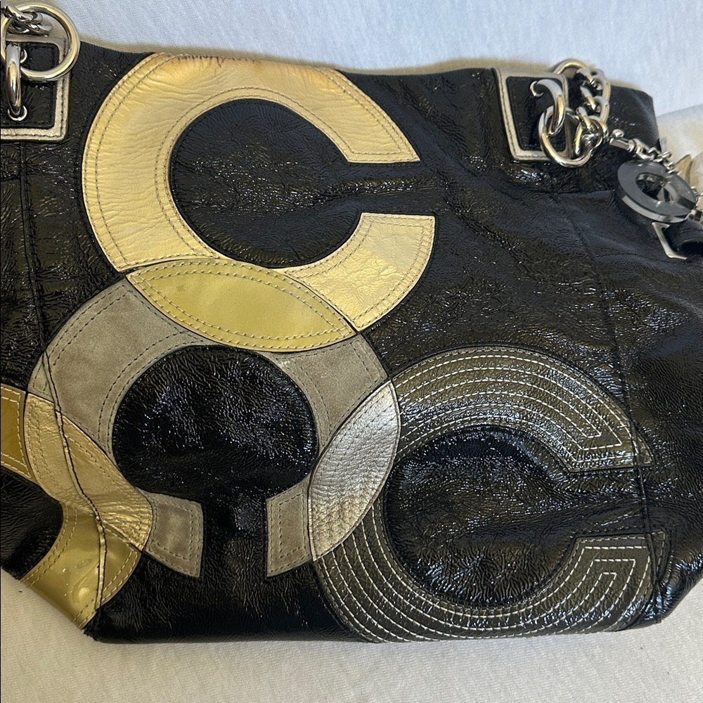 Coach Vintage “C” Signature Inlaid Black Gray Gold Patent Leather Peyton Tote - Picture 15 of 16